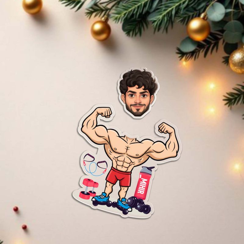 Personalized Caricature for Gym Lover with Shaking Head, Fitness Bodybuilder Theme, Custom Face Photo Cutout Gift for Friends, Boyfriend, Brother, Gym Trainer Solar Powered Moving Head